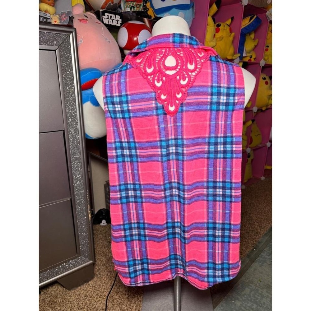 Y2K Pink Blue Plaid Sleeveless Flannel Crochet Lace Back Button Down Top L #2 - Picture 2 of 3
